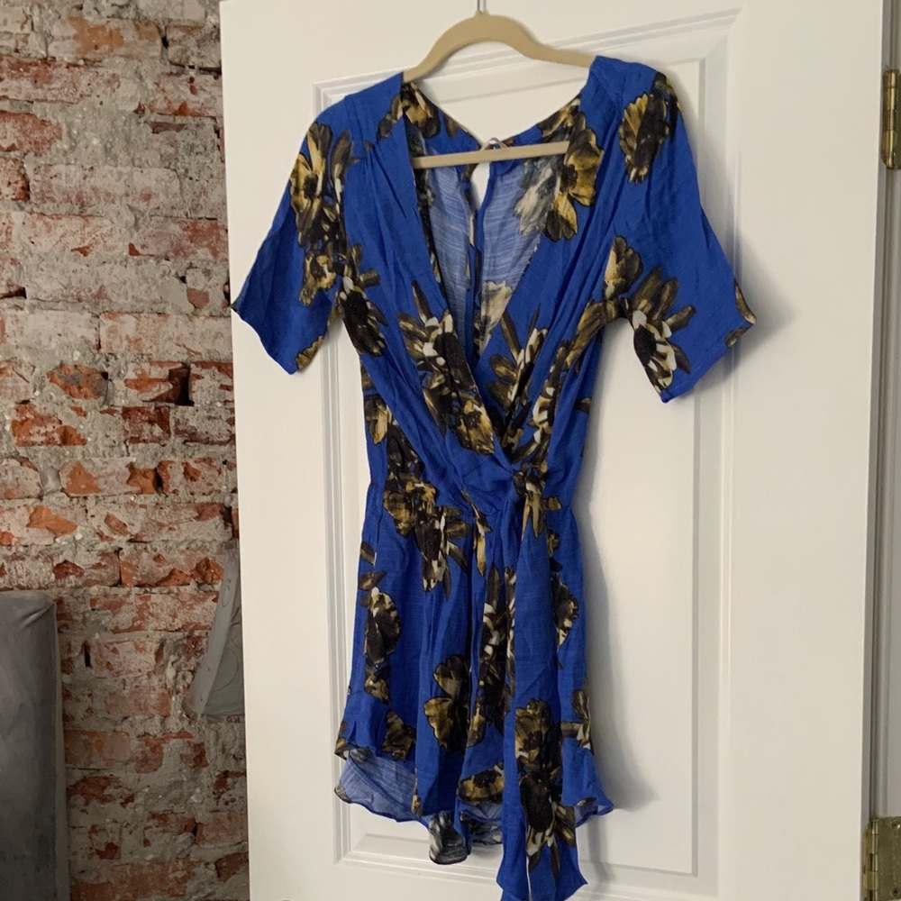 Free People Blue and Gold Floral Wrap Mini Dress
